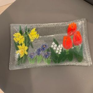 Fused Floral Glass Tray 9 7/8”L x 6” W Smooth Top, Textured Bottom